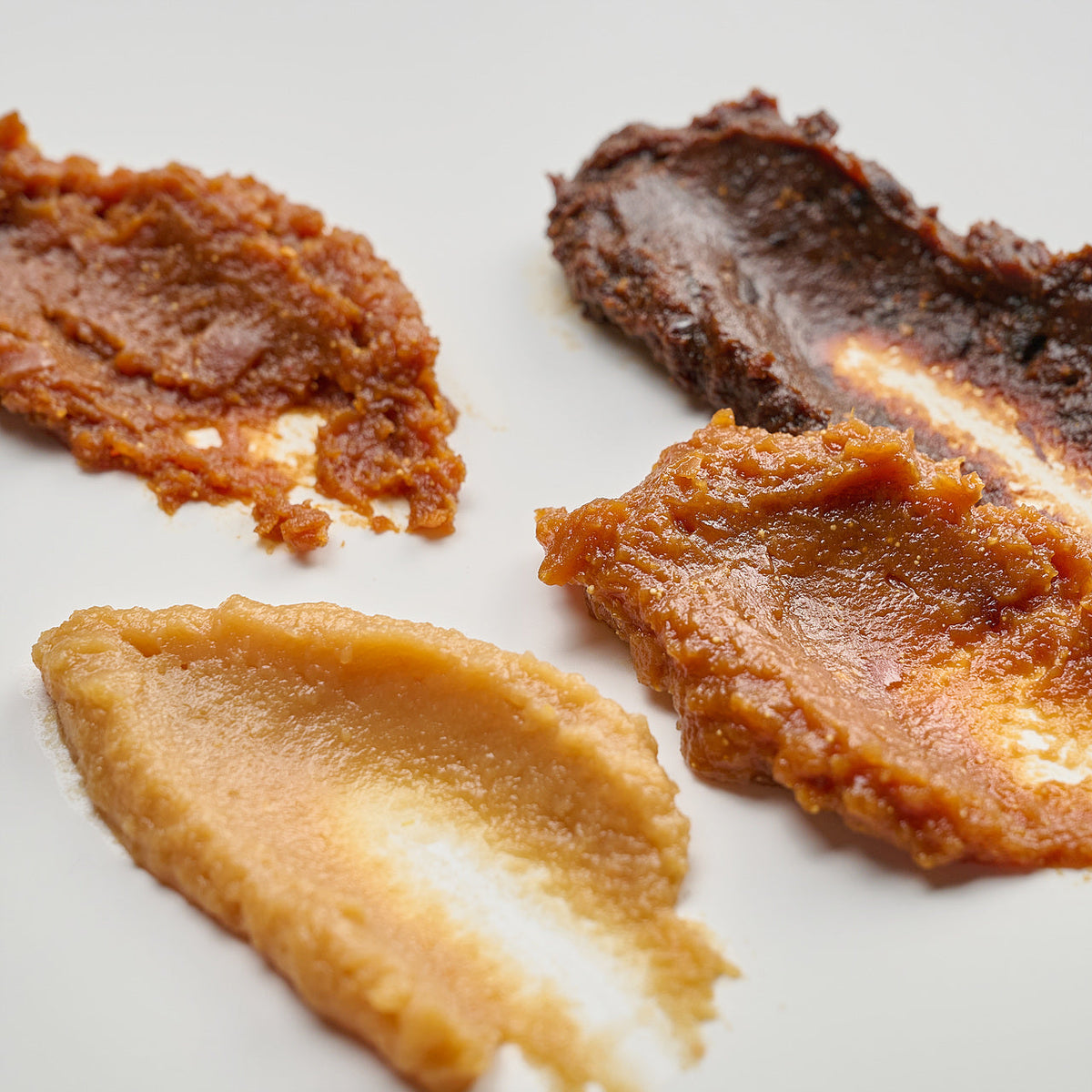 Spreads of doenjang in different shades, from light to dark brown